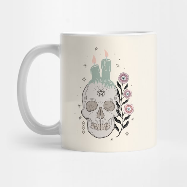 Skull with flower and candles - line art -earthy tones by misentangled